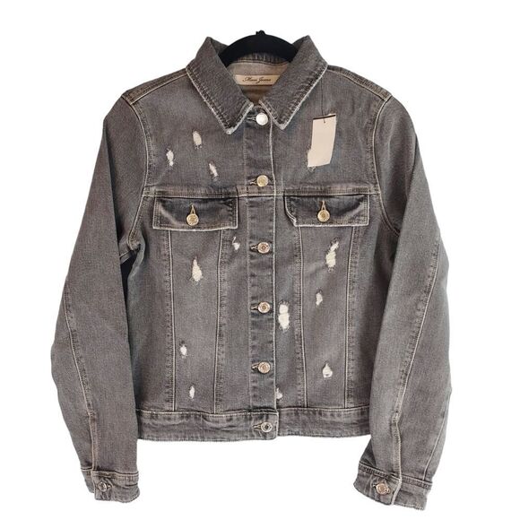 Mavi Women Small Gray Button Front Denim Distressed Jean Jacket - Picture 2 of 6